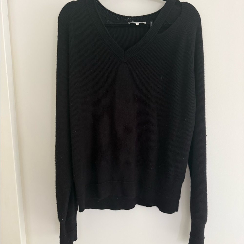 Helmut Lang Black Cashmere Distressed V-Neck Sweater with white piping
